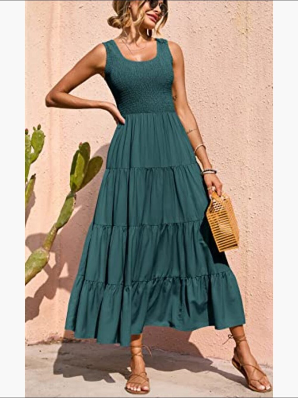 Womens Boho Smocked Maxi Dress Teal Casual Tiered Sleeveless Beach Flowy - Picture 3 of 4